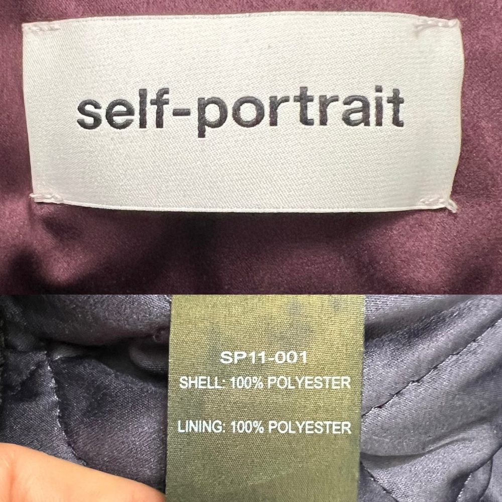 Self-Portrait Black Bomber Jacket with White Floral Embroidery and Burgundy Trim - Picture 12 of 12
